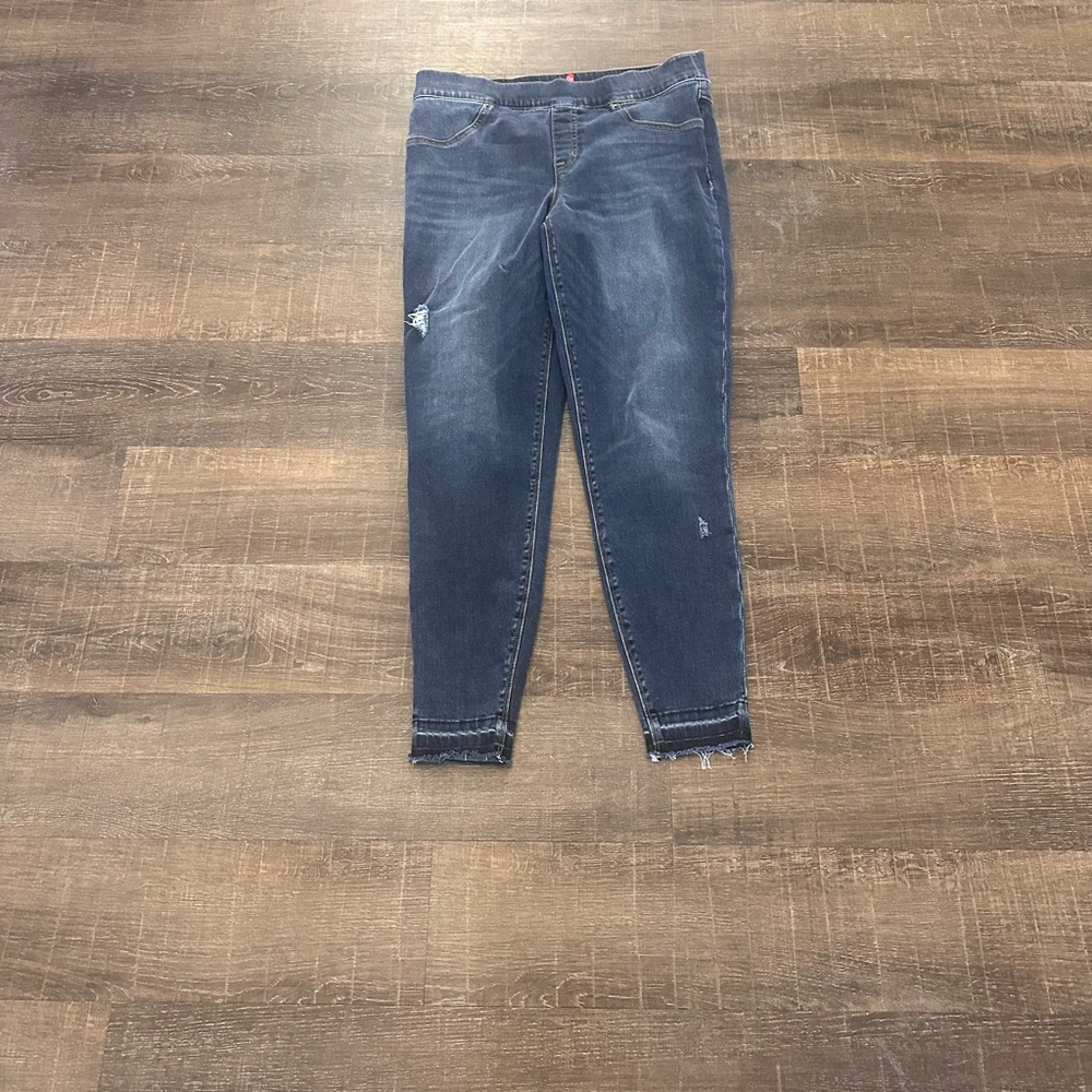 SPANX Distressed Pull On Skinny Raw Hem Medium Wash Jeans Size Large